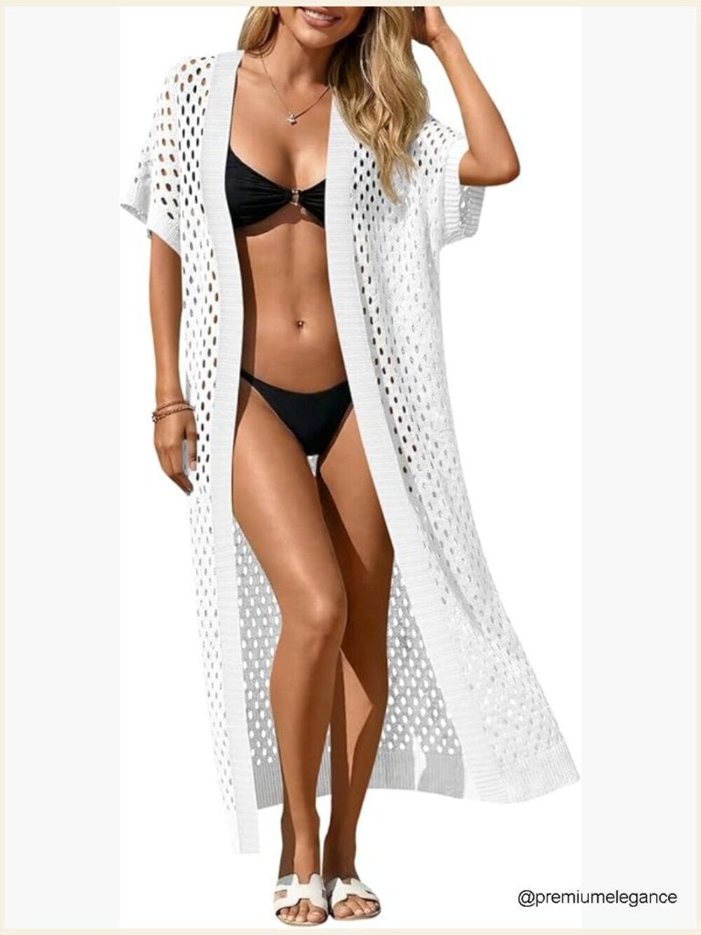 Crochet Swimsuit Coverup Short Sleeve Open Front Long Cardigan Maxi Boho Beach
